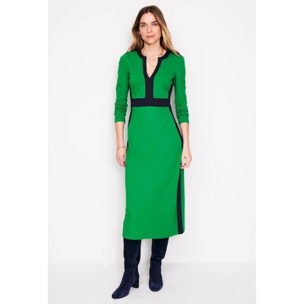 Boden Dress Womens 16-18R Green Colorblock Jersey Midi V Neck Sheath Work